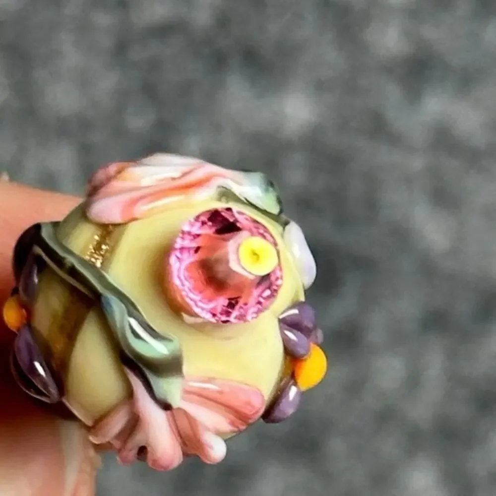 Vintage art glass necklace lamp work hand blown wedding cake bead 19” floral
